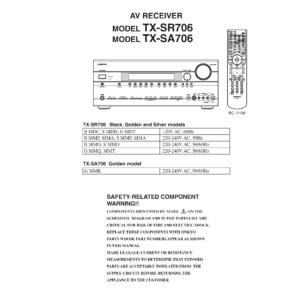 Onkyo tx sr706 service manual cover with an image of the device and its remote control, model type and code, manual issue date and service safety precaution notice