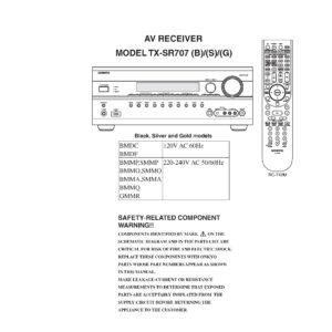 Onkyo tx sr707 service manual cover with an image of the device and its remote control, model type and code, manual issue date and service safety precaution notice