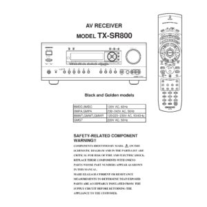 Onkyo tx sr800 service manual cover with an image of the device and its remote control, model type and code, manual issue date and service safety precaution notice