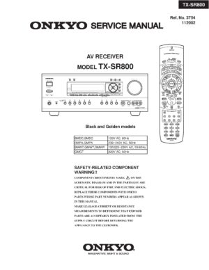 Onkyo tx sr800 service manual cover with an image of the device and its remote control, model type and code, manual issue date and service safety precaution notice