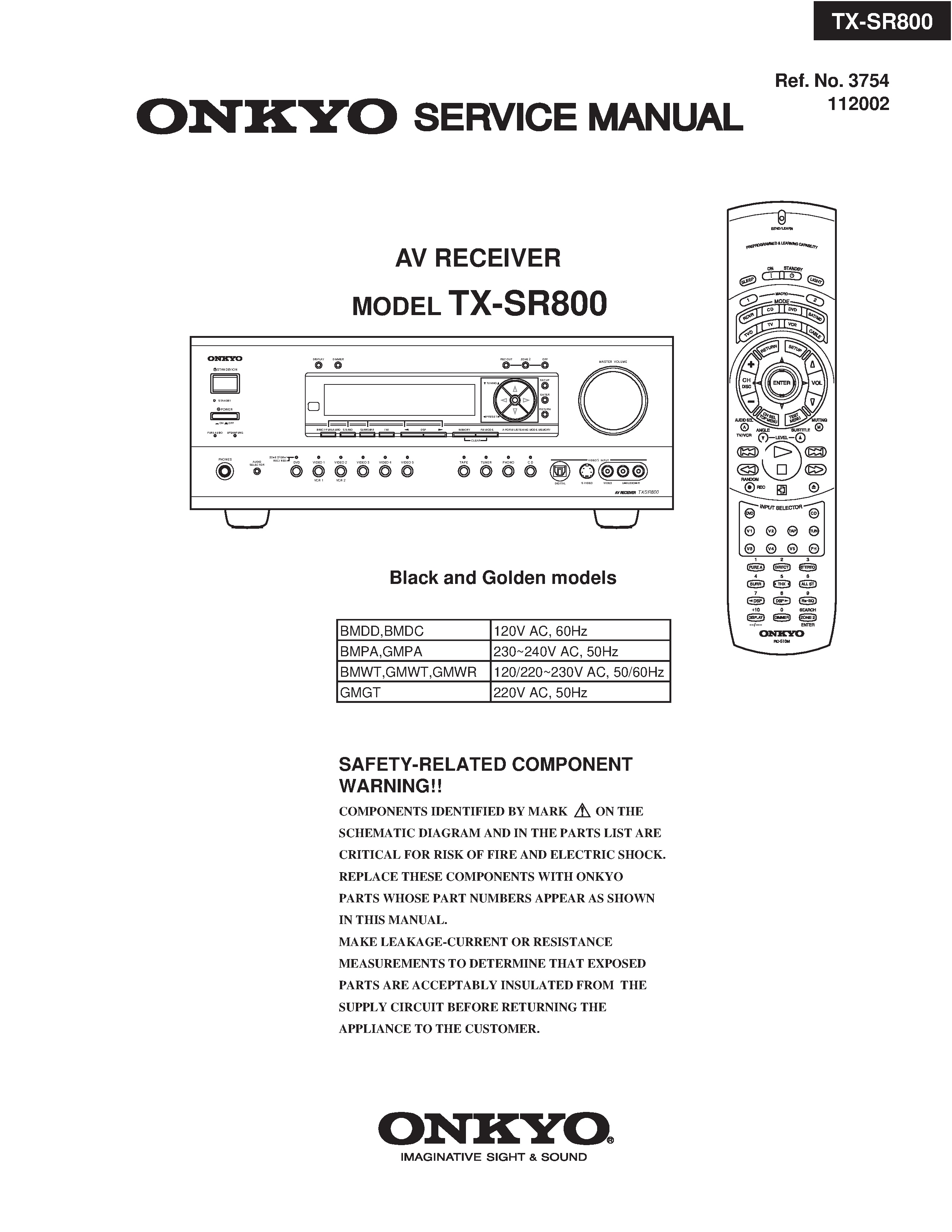Onkyo tx sr800 service manual cover with an image of the device and its remote control, model type and code, manual issue date and service safety precaution notice
