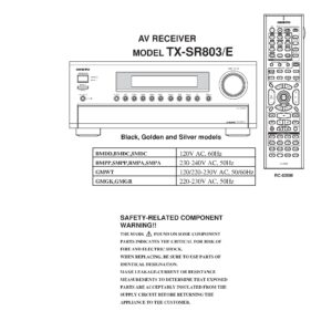 Onkyo tx sr803 service manual cover with an image of the device and its remote control, model type and code, manual issue date and service safety precaution notice