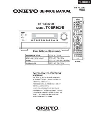 Onkyo tx sr803 service manual cover with an image of the device and its remote control, model type and code, manual issue date and service safety precaution notice