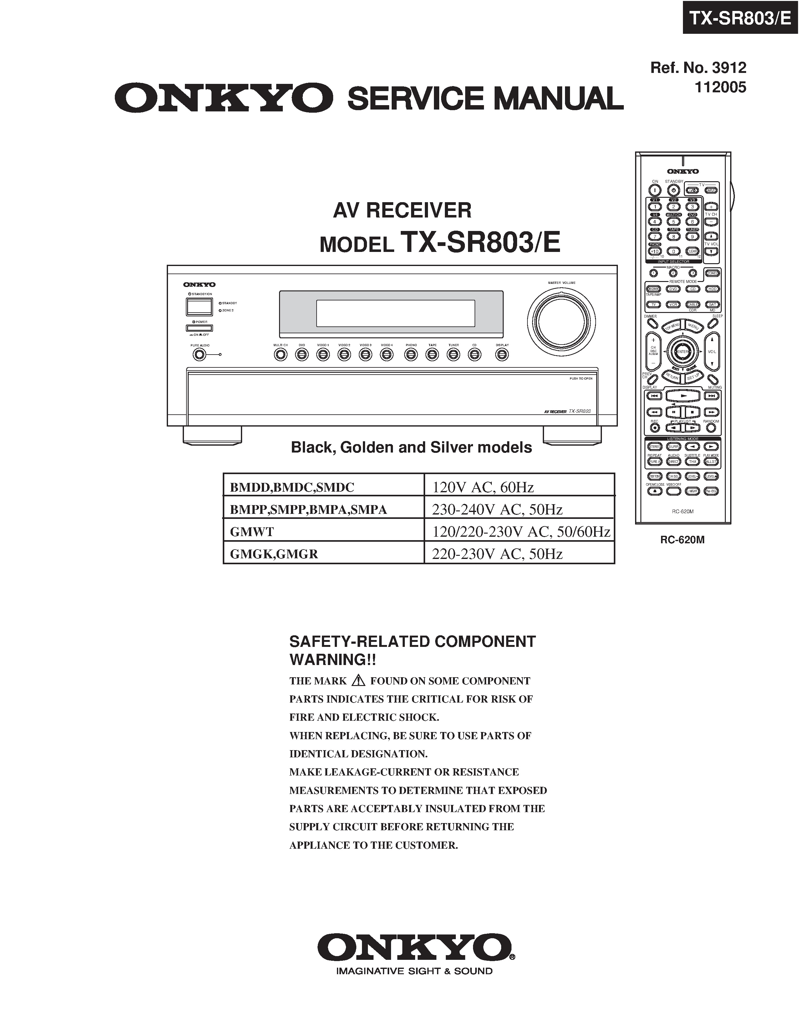 Onkyo tx sr803 service manual cover with an image of the device and its remote control, model type and code, manual issue date and service safety precaution notice