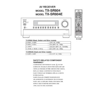 Onkyo tx sr804 service manual cover with an image of the device and its remote control, model type and code, manual issue date and service safety precaution notice