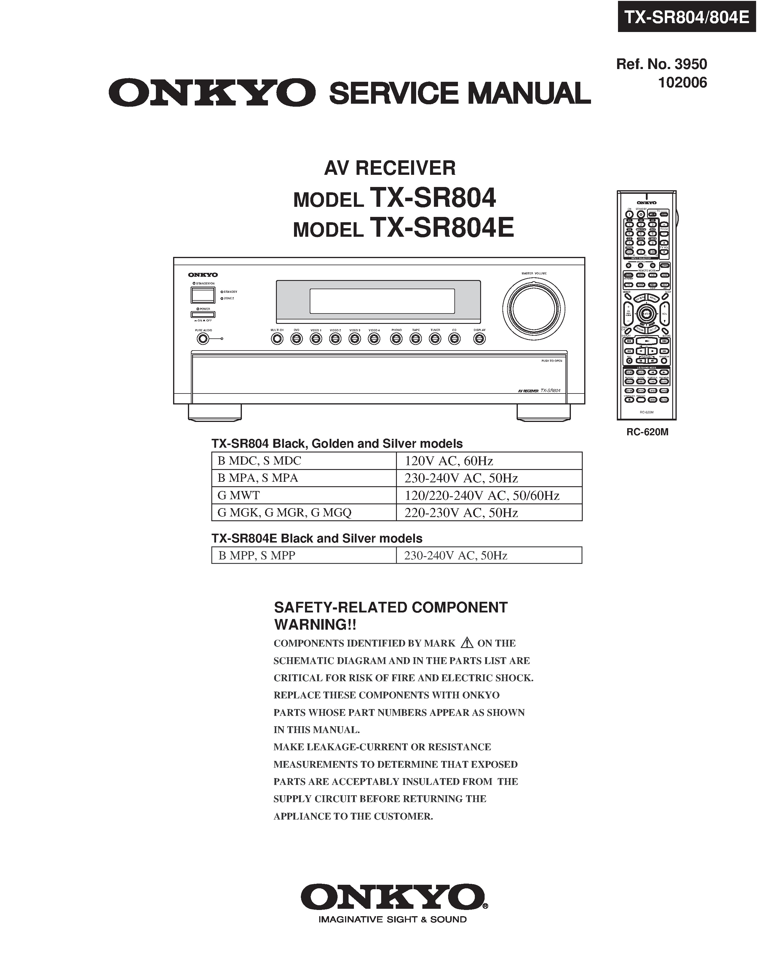 Onkyo tx sr804 service manual cover with an image of the device and its remote control, model type and code, manual issue date and service safety precaution notice
