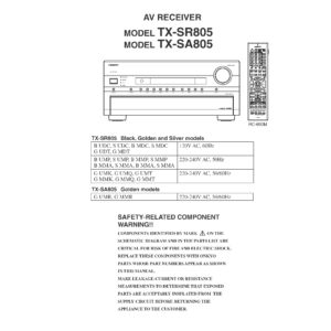 Onkyo tx sr805 service manual cover with an image of the device and its remote control, model type and code, manual issue date and service safety precaution notice