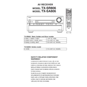 Onkyo tx sr806 service manual cover with an image of the device and its remote control, model type and code, manual issue date and service safety precaution notice