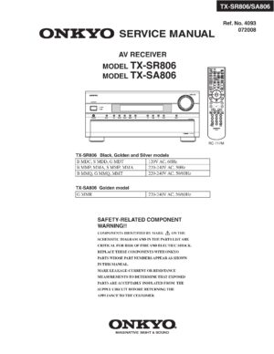 Onkyo tx sr806 service manual cover with an image of the device and its remote control, model type and code, manual issue date and service safety precaution notice