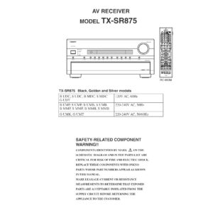 Onkyo tx sr875 service manual cover with an image of the device and its remote control, model type and code, manual issue date and service safety precaution notice