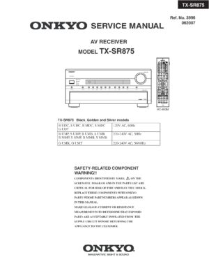 Onkyo tx sr875 service manual cover with an image of the device and its remote control, model type and code, manual issue date and service safety precaution notice