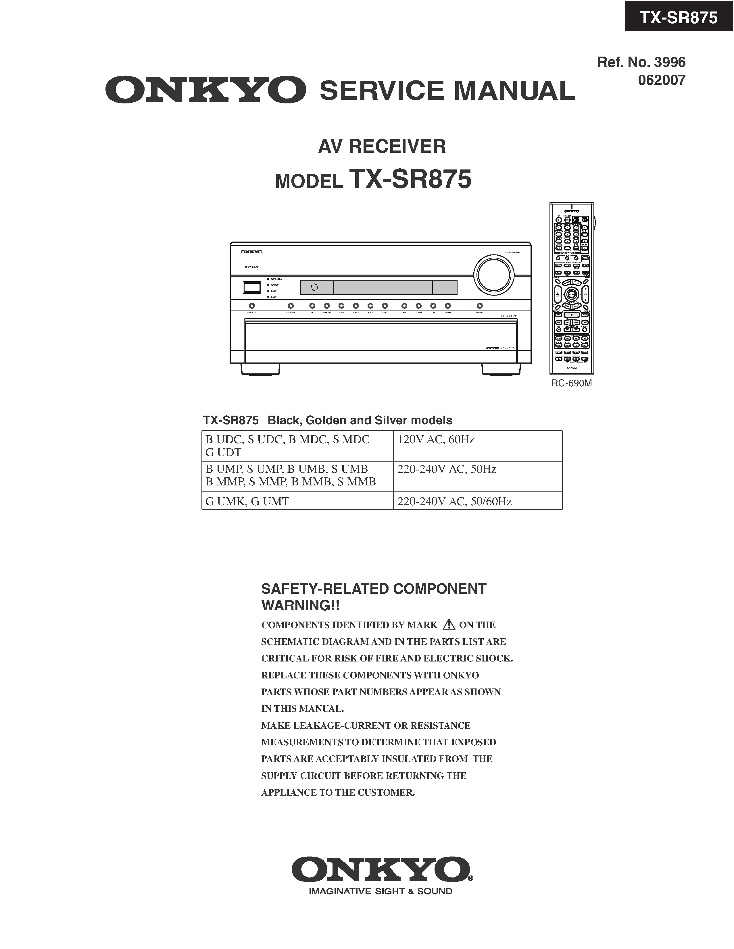 Onkyo tx sr875 service manual cover with an image of the device and its remote control, model type and code, manual issue date and service safety precaution notice