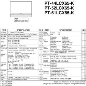 Panasonic pt 44lcx65 k pt 52lcx65 k pt 61lcx65 k service manual cover with photo of the television, TV type, chassis code, model code, creation date and document number