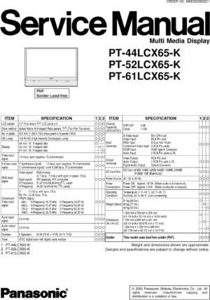 Panasonic pt 44lcx65 k pt 52lcx65 k pt 61lcx65 k service manual cover with photo of the television, TV type, chassis code, model code, creation date and document number