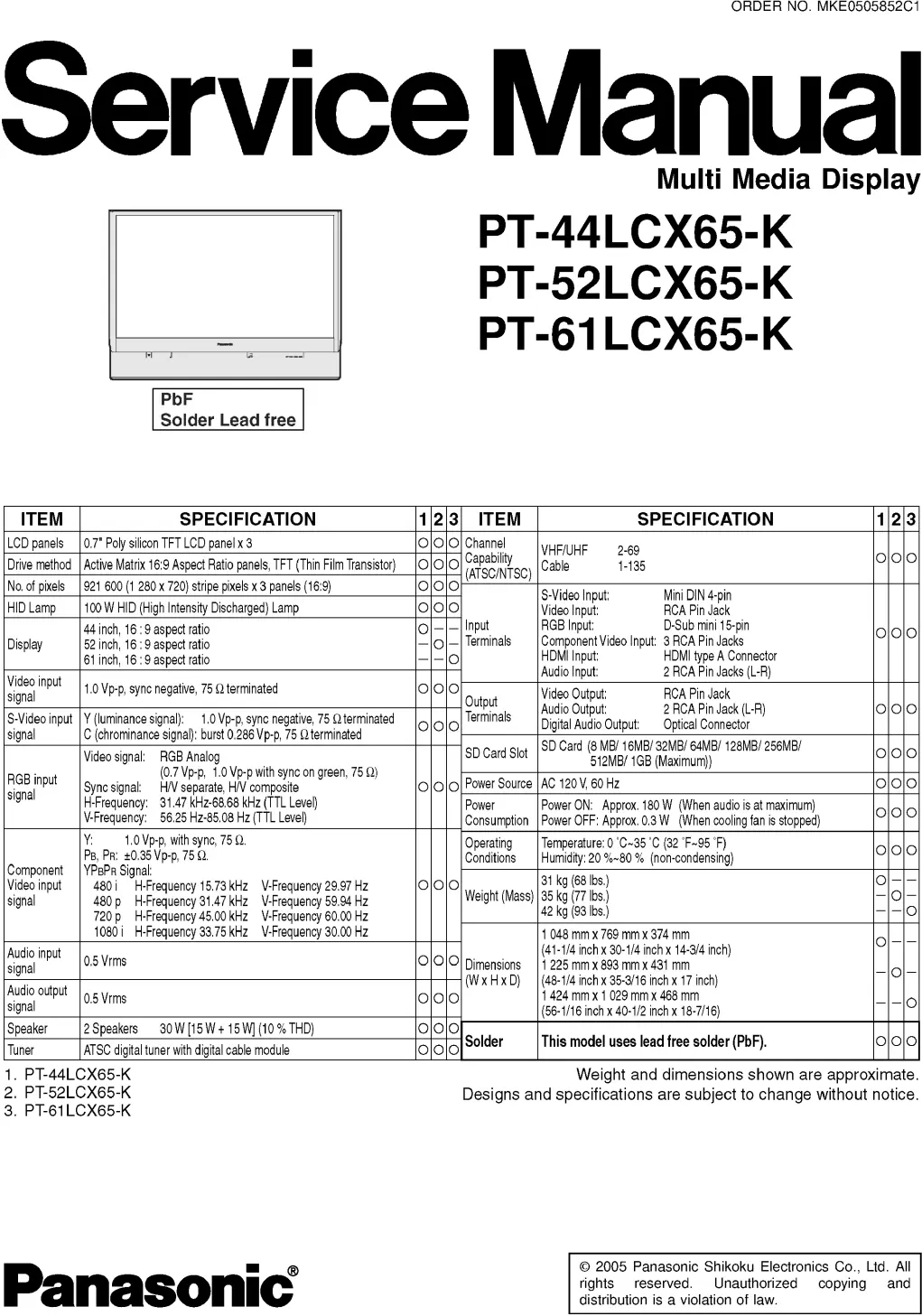 Panasonic pt 44lcx65 k pt 52lcx65 k pt 61lcx65 k service manual cover with photo of the television, TV type, chassis code, model code, creation date and document number