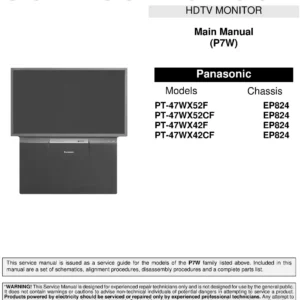 Panasonic pt 47wx42cf pt 47wx52cf service manual cover with photo of the television, TV type, chassis code, model code, creation date and document number