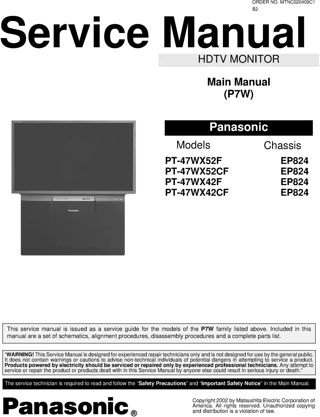 Panasonic pt 47wx42cf pt 47wx52cf service manual cover with photo of the television, TV type, chassis code, model code, creation date and document number