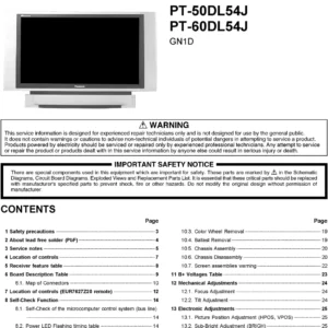 Panasonic pt 50dl54 60dl54 service manual cover with photo of the television, TV type, chassis code, model code, creation date and document number