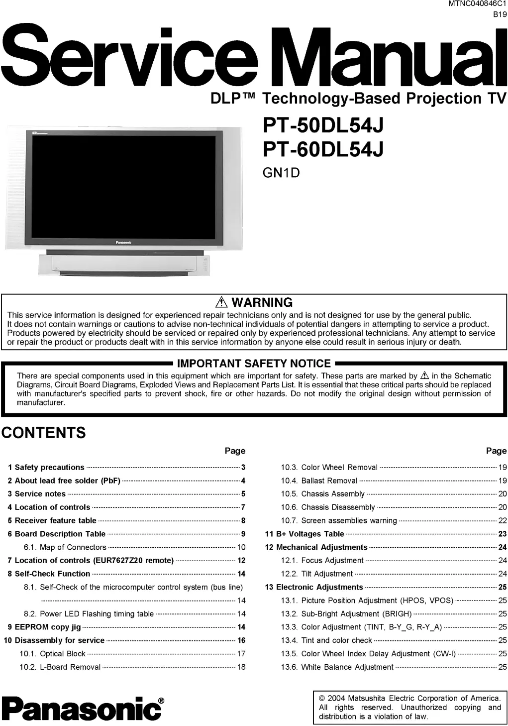 Panasonic pt 50dl54 60dl54 service manual cover with photo of the television, TV type, chassis code, model code, creation date and document number