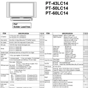 Panasonic pt 50lc14 60lc14 43lc14 service manual cover with photo of the television, TV type, chassis code, model code, creation date and document number