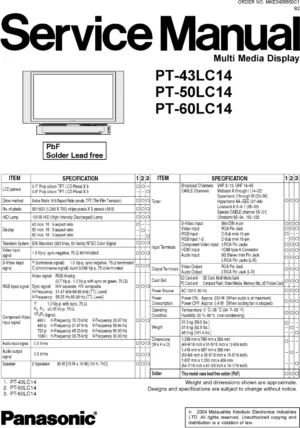 Panasonic pt 50lc14 60lc14 43lc14 service manual cover with photo of the television, TV type, chassis code, model code, creation date and document number