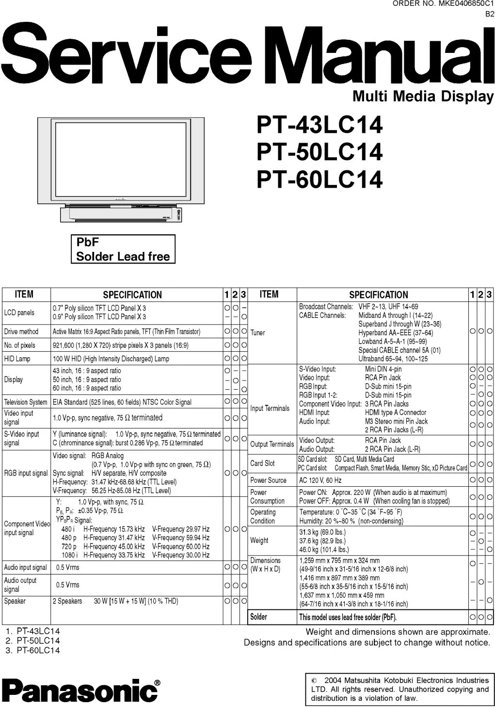 Panasonic pt 50lc14 60lc14 43lc14 service manual cover with photo of the television, TV type, chassis code, model code, creation date and document number