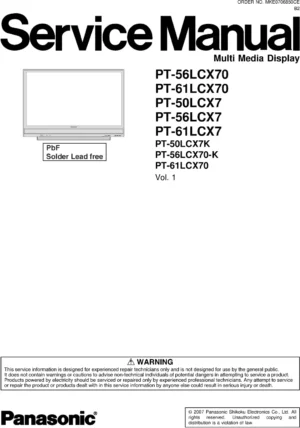 Panasonic pt 50lcx7k pt 56lcx70 k service manual cover with photo of the television, TV type, chassis code, model code, creation date and document number