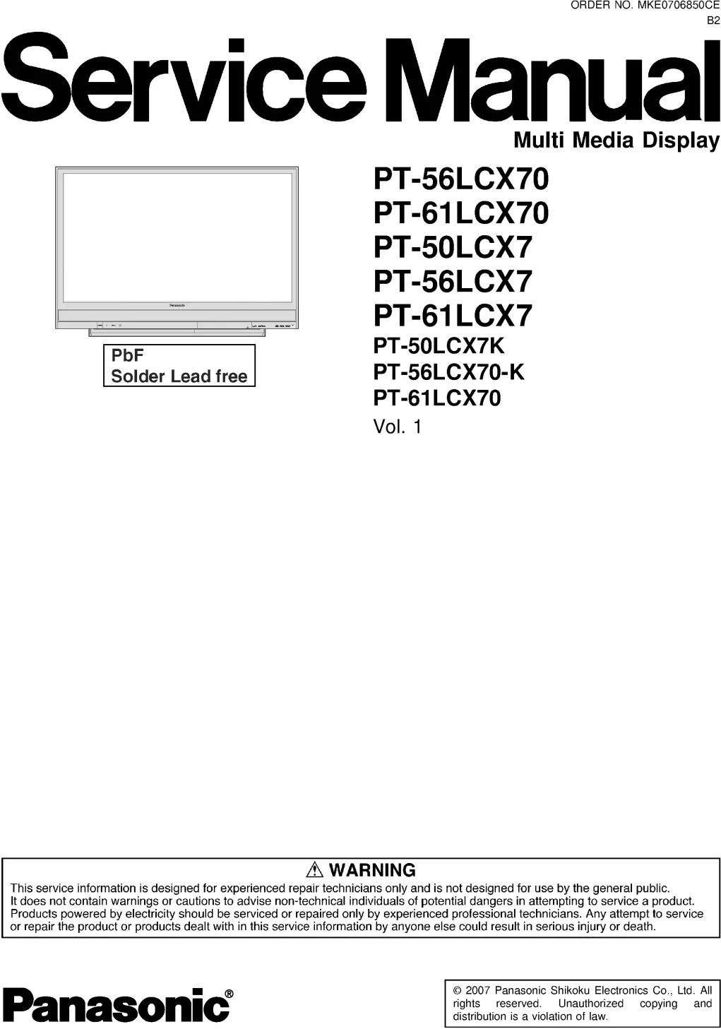 Panasonic pt 50lcx7k pt 56lcx70 k service manual cover with photo of the television, TV type, chassis code, model code, creation date and document number