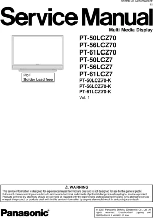Panasonic pt 50lcz70 pt 56lcz70 pt 61lcz70 service manual cover with photo of the television, TV type, chassis code, model code, creation date and document number