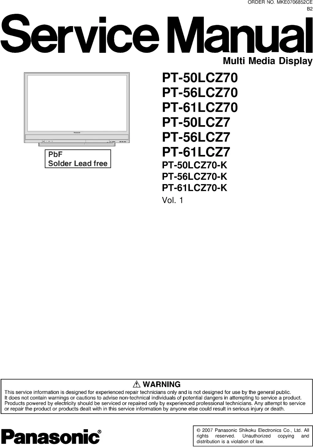 Panasonic pt 50lcz70 pt 56lcz70 pt 61lcz70 service manual cover with photo of the television, TV type, chassis code, model code, creation date and document number