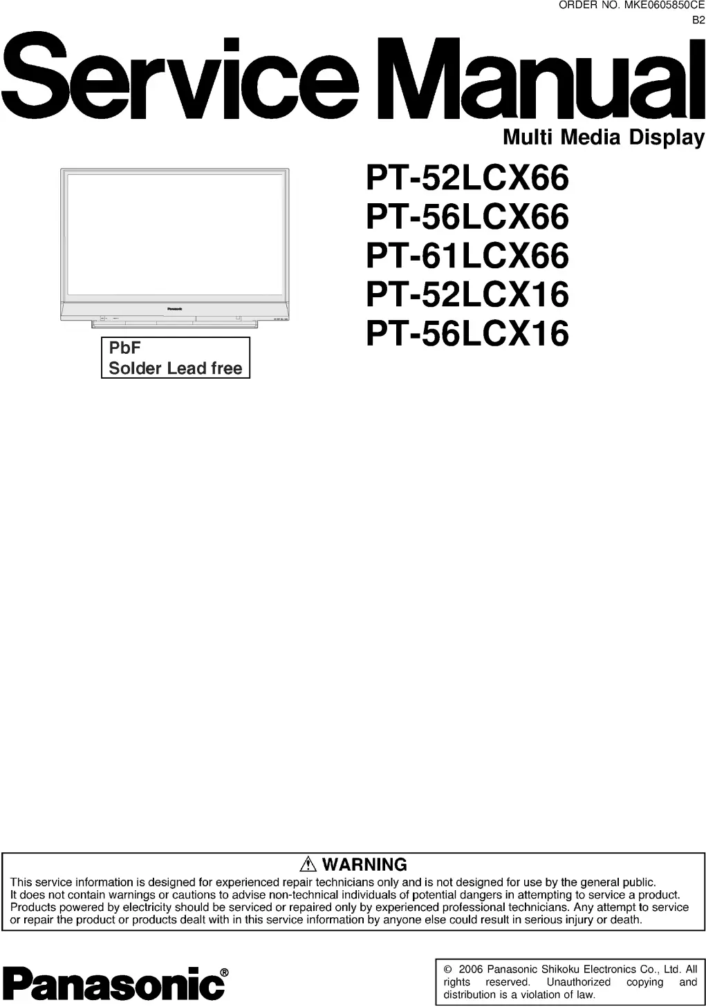Panasonic pt 52lcx16 pt 56lcx16 service manual cover with photo of the television, TV type, chassis code, model code, creation date and document number