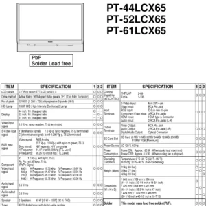 Panasonic pt 52lcx65 service manual cover with photo of the television, TV type, chassis code, model code, creation date and document number