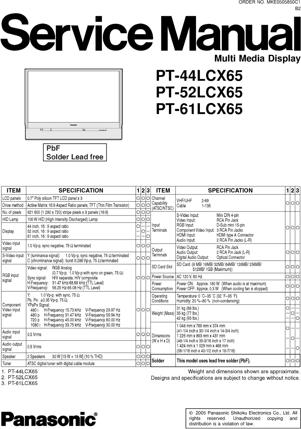 Panasonic pt 52lcx65 service manual cover with photo of the television, TV type, chassis code, model code, creation date and document number