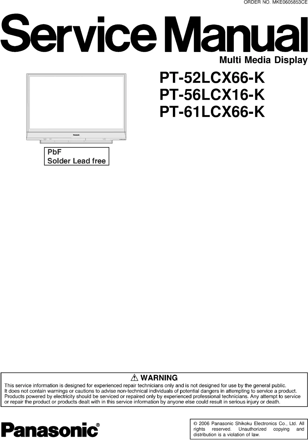 Panasonic pt 52lcx66 k pt 56lcx16 k pt 61lcx66 k service manual cover with photo of the television, TV type, chassis code, model code, creation date and document number