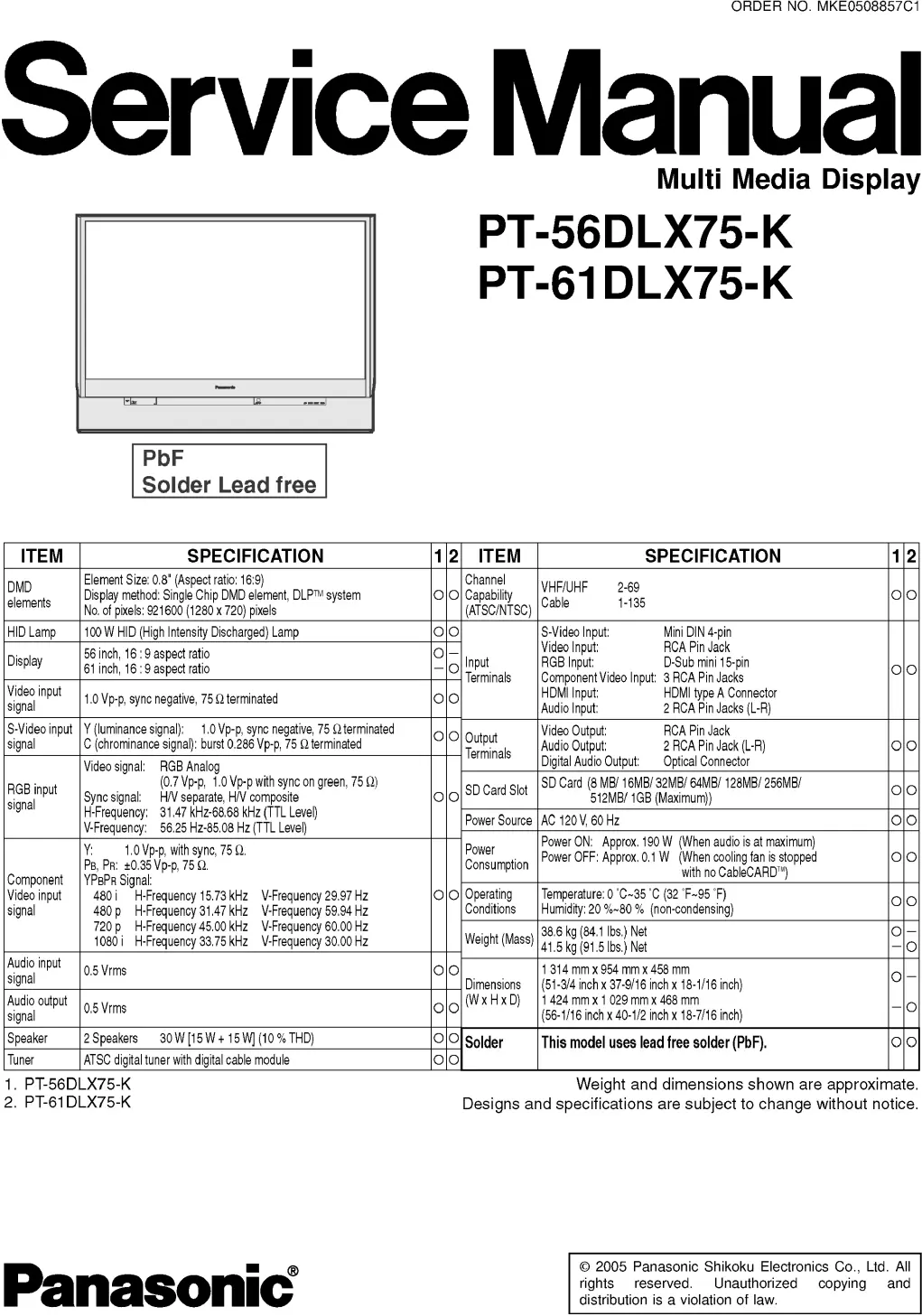 Panasonic pt 56dlx75 k pt 61dlx75 k service manual cover with photo of the television, TV type, chassis code, model code, creation date and document number