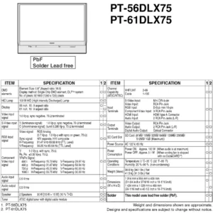 Panasonic pt 56dlx75 pt 61dlx75 service manual cover with photo of the television, TV type, chassis code, model code, creation date and document number