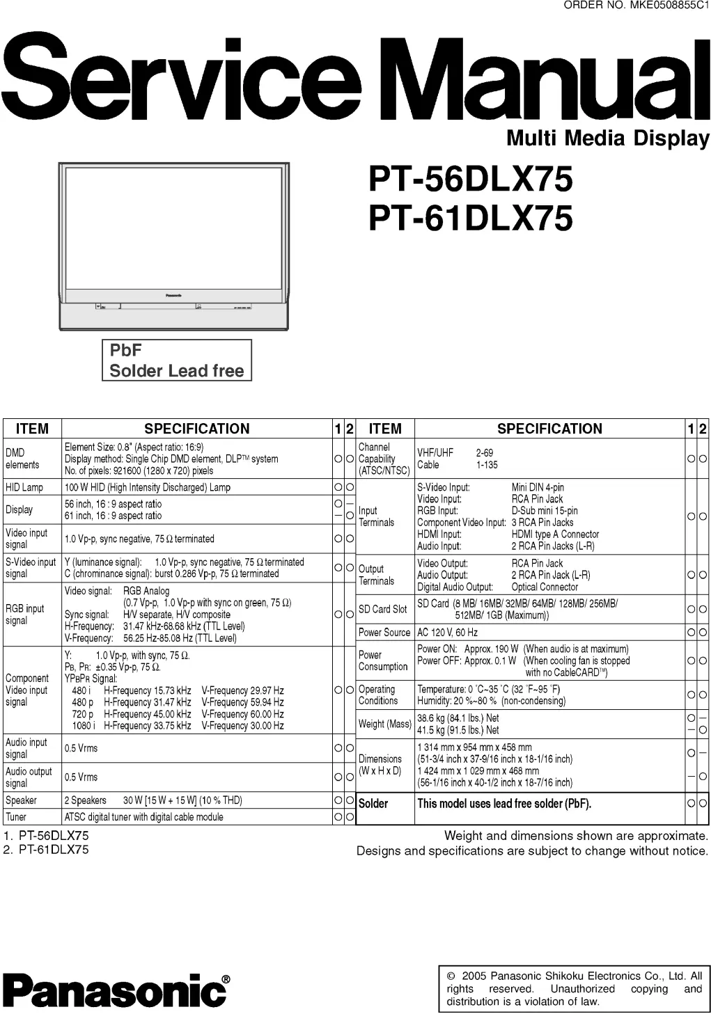 Panasonic pt 56dlx75 pt 61dlx75 service manual cover with photo of the television, TV type, chassis code, model code, creation date and document number