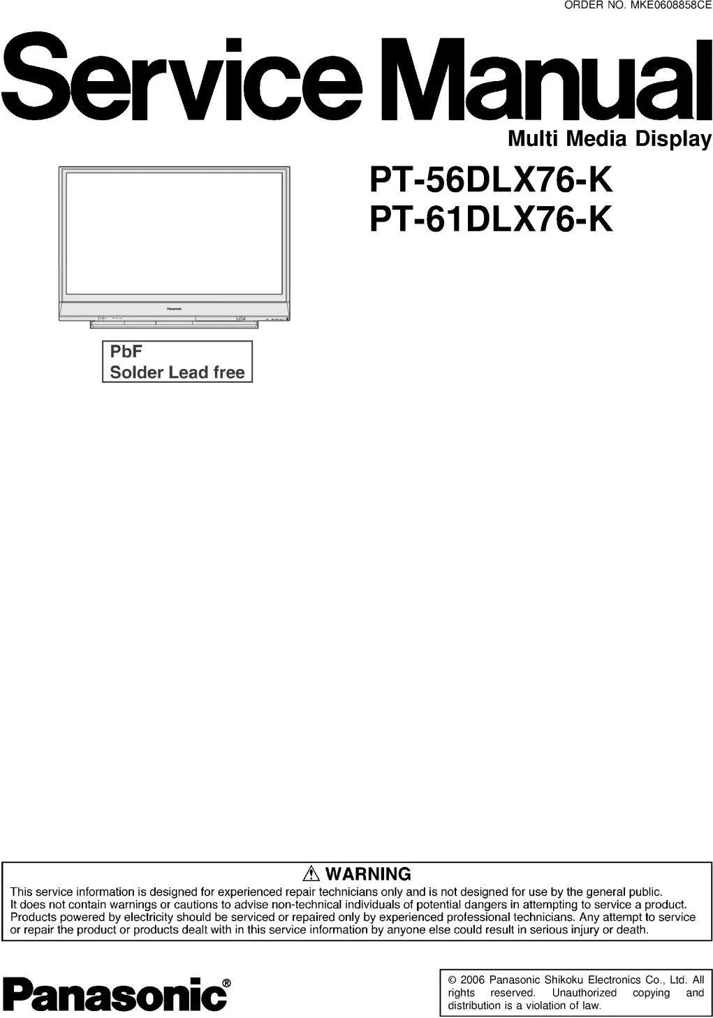 Panasonic pt 56dlx76 k pt 61dlx76 k service manual cover with photo of the television, TV type, chassis code, model code, creation date and document number