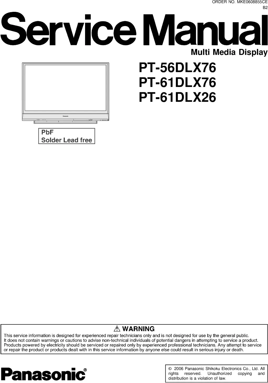 Panasonic pt 56dlx76 pt 61dlx76 pt 61dlx26 service manual cover with photo of the television, TV type, chassis code, model code, creation date and document number
