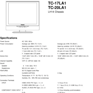 Panasonic tc 20la1 17la1 service manual cover with photo of the television, TV type, chassis code, model code, creation date and document number