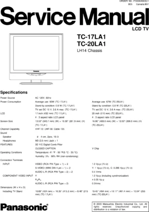 Panasonic tc 20la1 17la1 service manual cover with photo of the television, TV type, chassis code, model code, creation date and document number