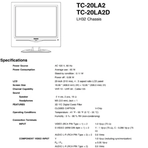 Panasonic tc 20la2 20la2d service manual cover with photo of the television, TV type, chassis code, model code, creation date and document number