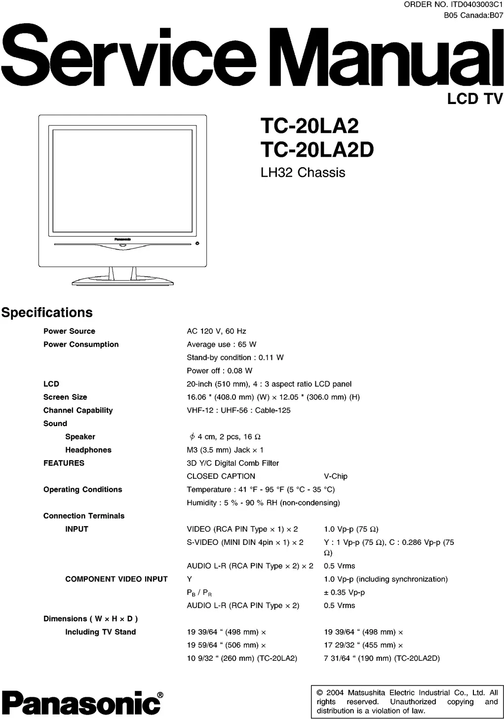 Panasonic tc 20la2 20la2d service manual cover with photo of the television, TV type, chassis code, model code, creation date and document number