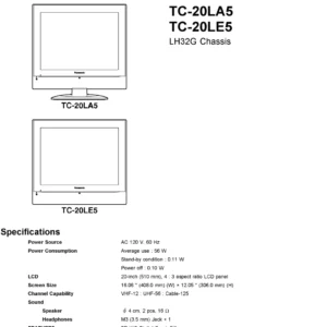 Panasonic tc 20la5 tc 20le5 service manual cover with photo of the television, TV type, chassis code, model code, creation date and document number