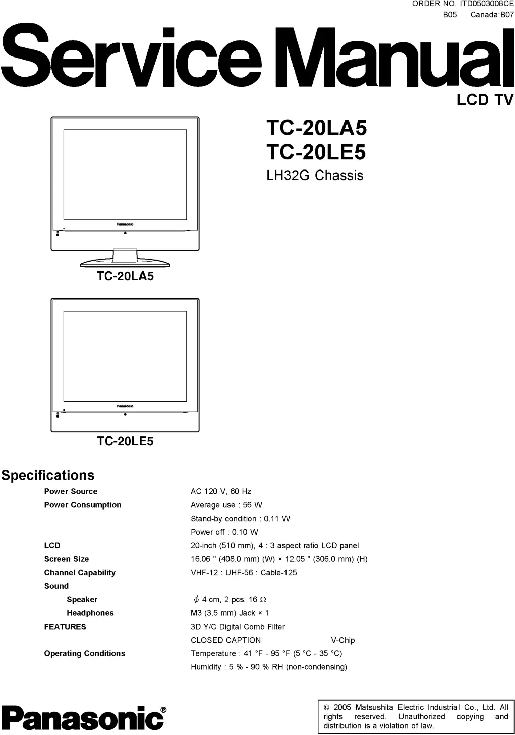 Panasonic tc 20la5 tc 20le5 service manual cover with photo of the television, TV type, chassis code, model code, creation date and document number
