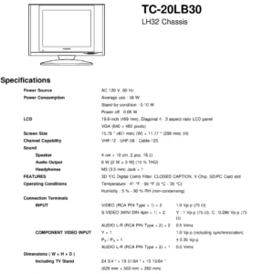 Panasonic tc 20lb30 service manual cover with photo of the television, TV type, chassis code, model code, creation date and document number