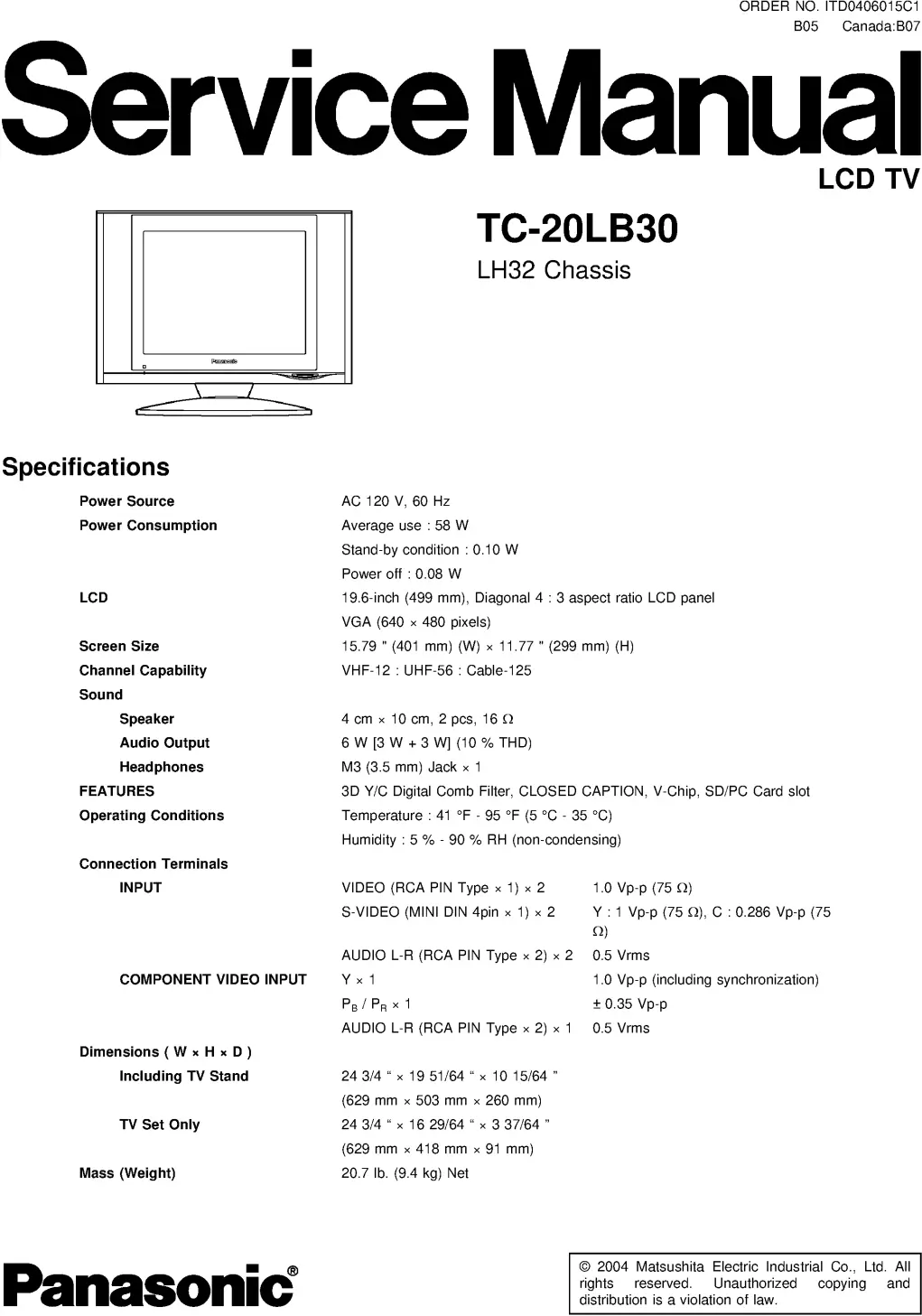 Panasonic tc 20lb30 service manual cover with photo of the television, TV type, chassis code, model code, creation date and document number