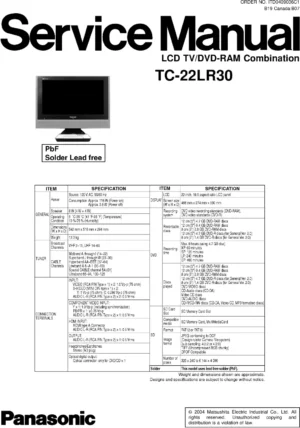 Panasonic tc 22lr30 service manual cover with photo of the television, TV type, chassis code, model code, creation date and document number