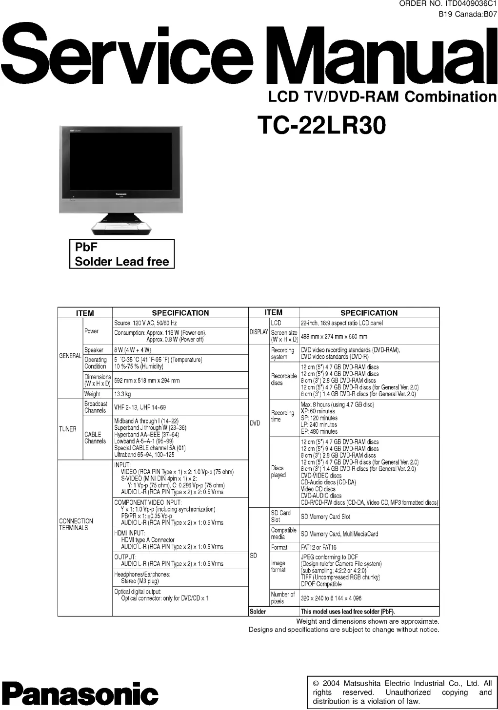 Panasonic tc 22lr30 service manual cover with photo of the television, TV type, chassis code, model code, creation date and document number