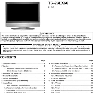 Panasonic tc 23lx60 service manual cover with photo of the television, TV type, chassis code, model code, creation date and document number